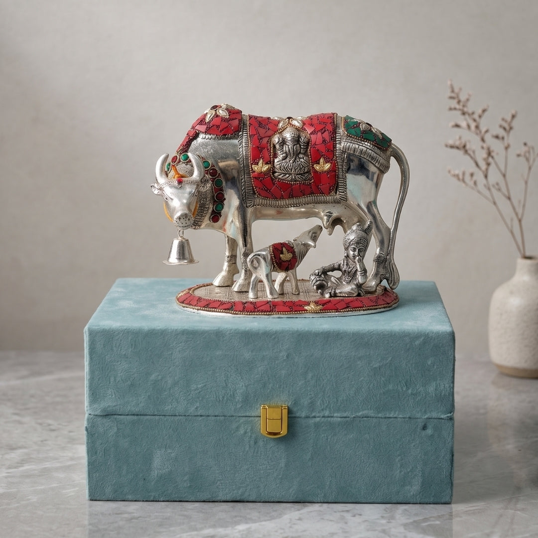 Silver Plated Kamdhenu Cow and Calf Idol in Turquoise Velvet Box for Gifting