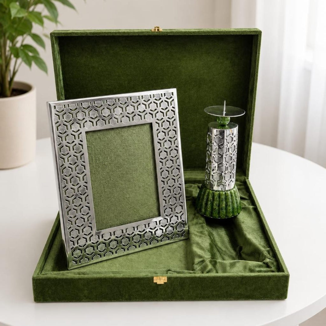 Luxury Silver Plated Photo Frame & Candle Holder Gift Set in Premium Green Box
