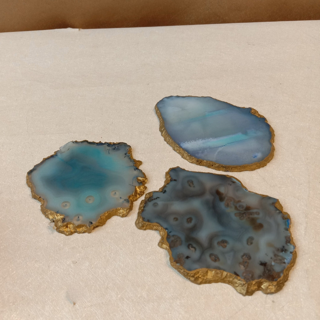Table Coaster - Blue Agate Stone with Gold Lining Set Of 3
