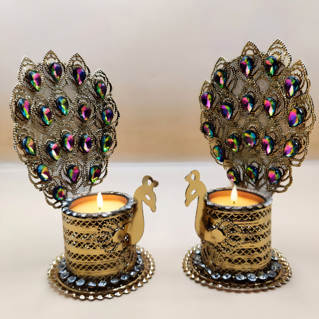 Peacock  Tea Light Holder Set Of 2