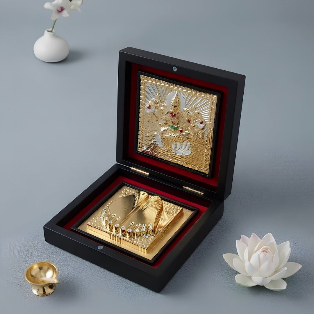 Gold & Silver Plated Charan Paduka & Laxmi Frame Gift Box