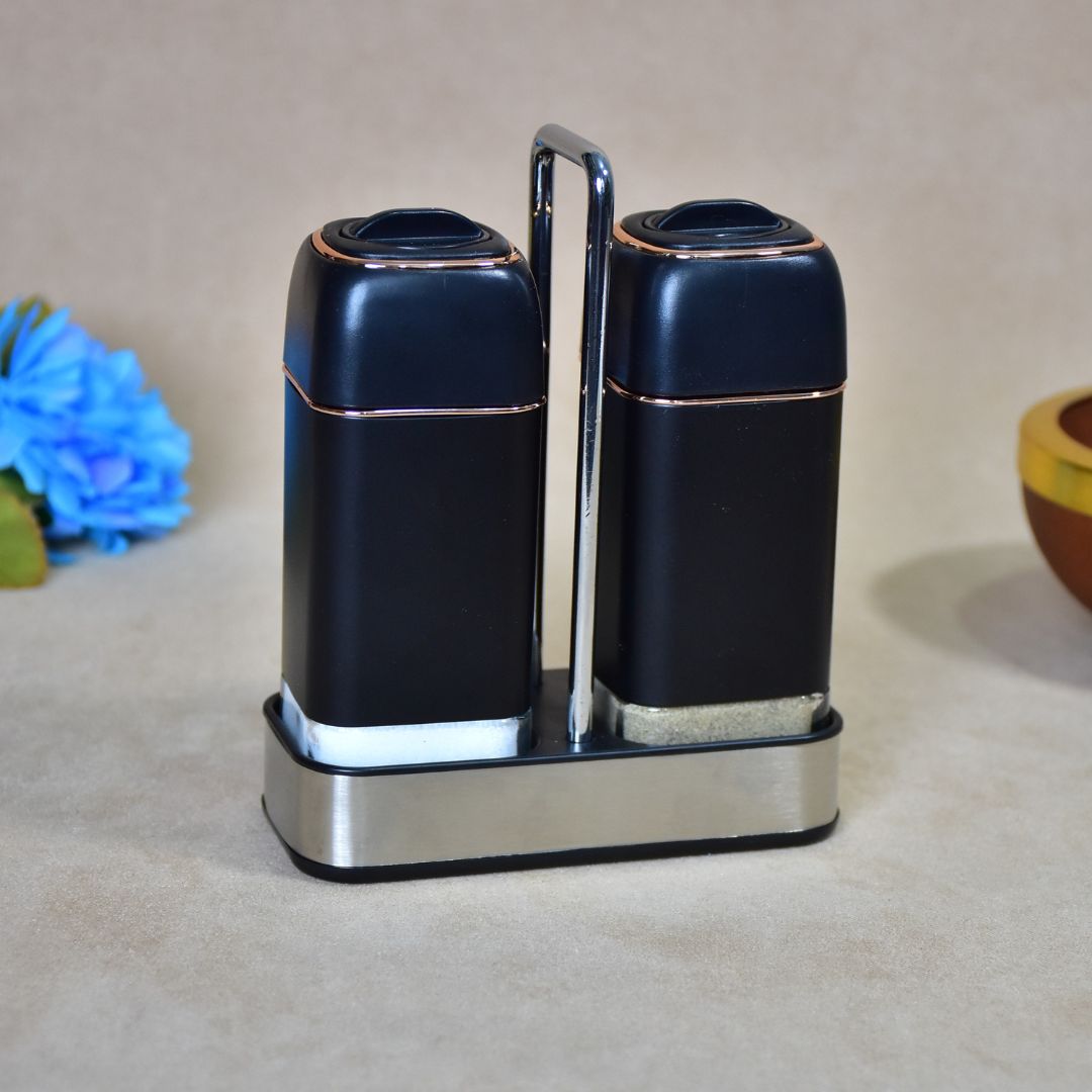 Glass Salt & Pepper Shakers With Stainless Stand Set Of 2 - Black