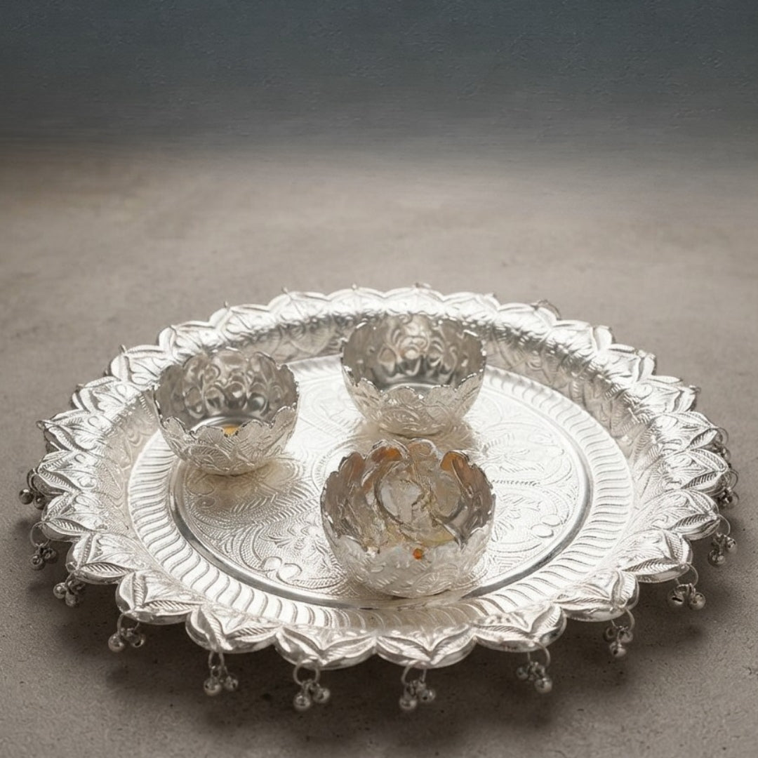 Silver Plated Pooja Thali with Hanging Bells and Three Bowls Set