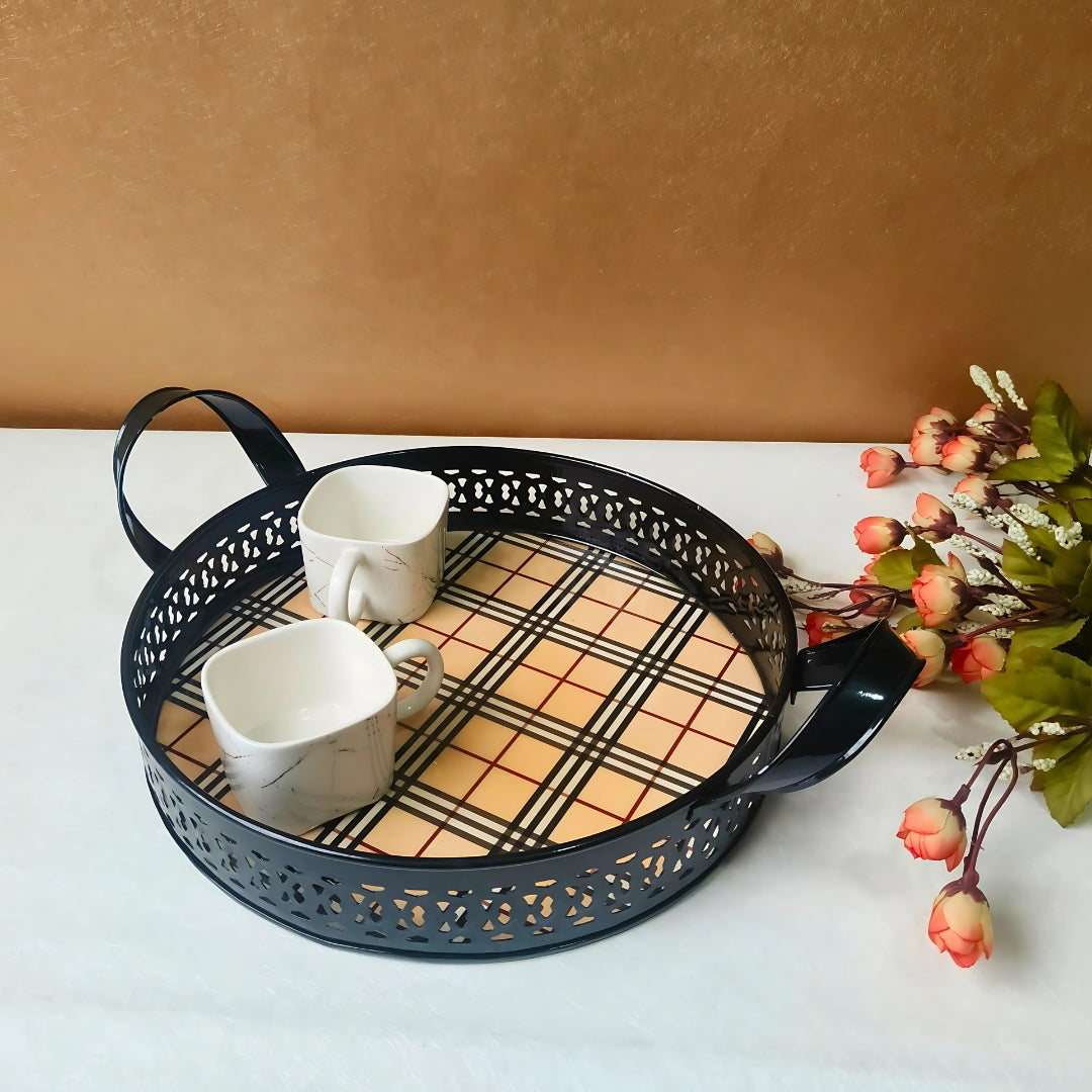 Checks Print Metal Tray With Handle Large