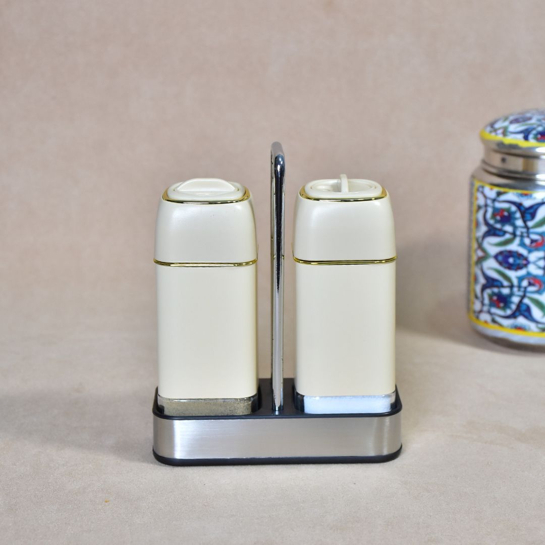 Glass Salt & Pepper Shakers With Stainless Stand Set Of 2 - Ivory