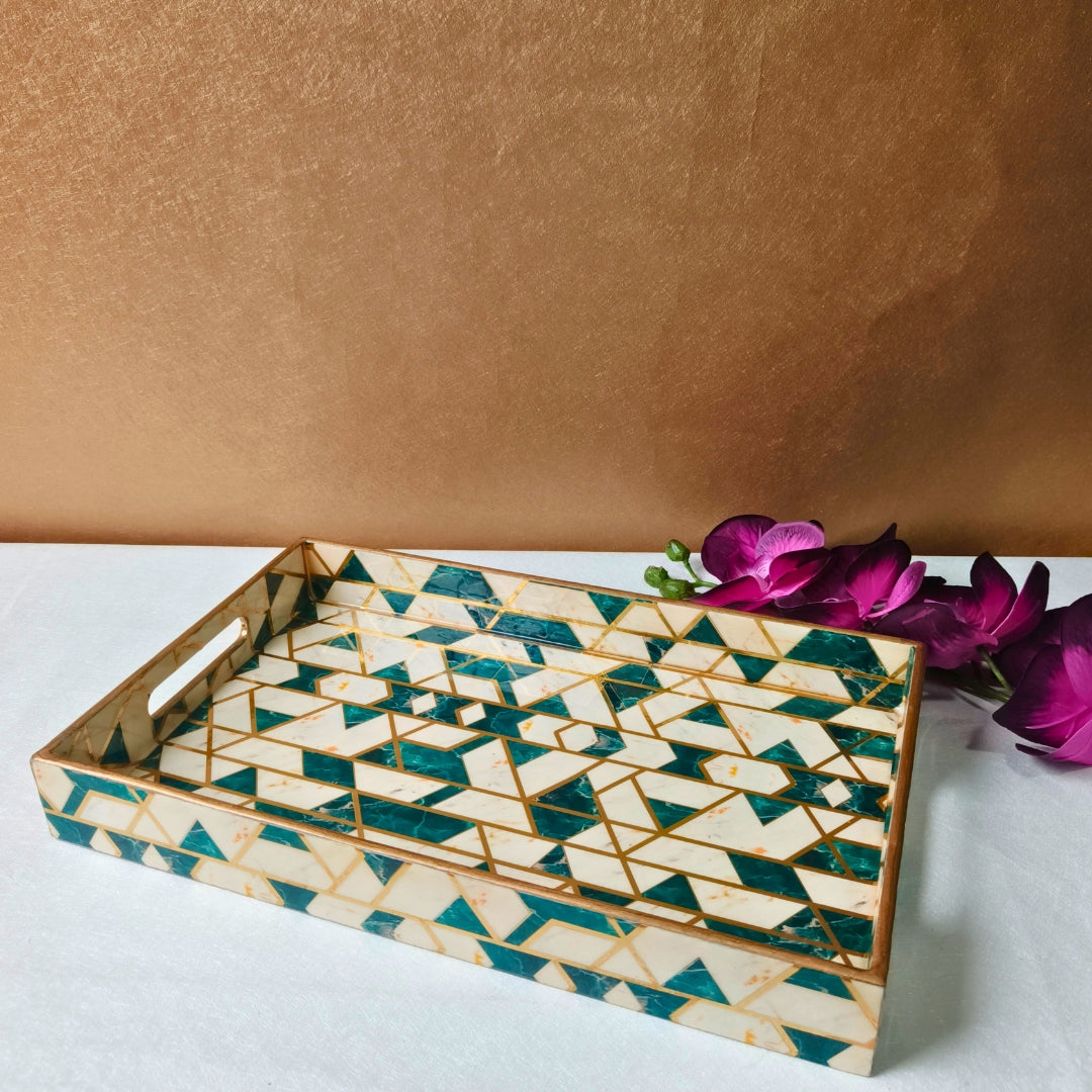 Wooden Green Abstract Print Design Enamel Tray