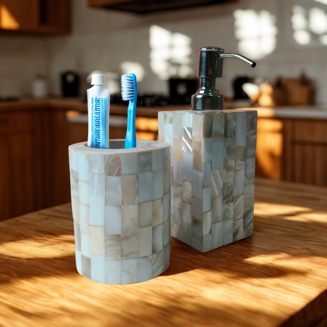 Wooden Mother of pearl & white enamel Bathroom Set of 2