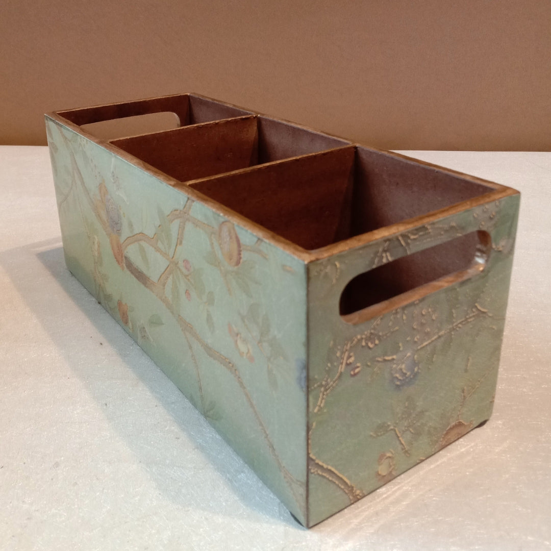 Wooden green peacock & bird print & enamelled 3 Partition Caddy