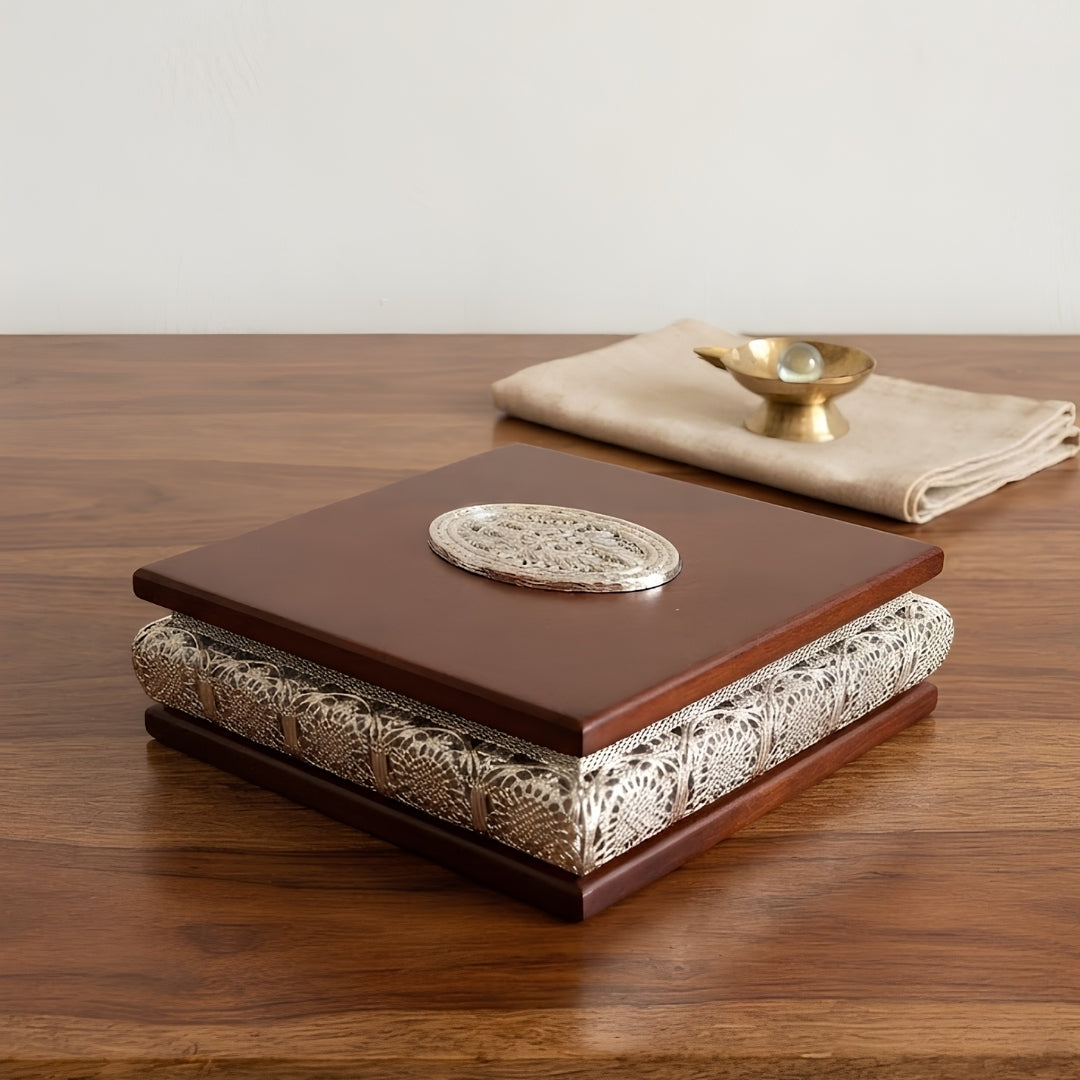Wooden Decorative Silver-Plated Box   - square