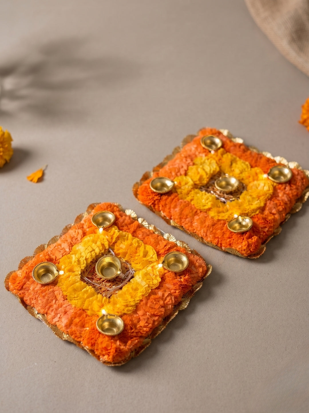 Handmade Square Floral Puja Mat / rangoli Set of 2 with Golden LED Diyas