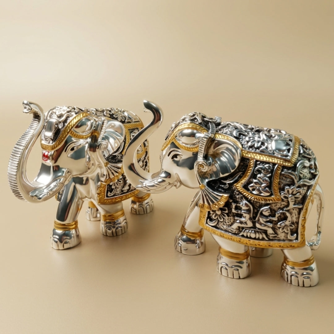 The Home Co- 999 Pure Silver Plated The Regal Duo Majestic Gajant laxmi Elephant Set 5"-set of 2