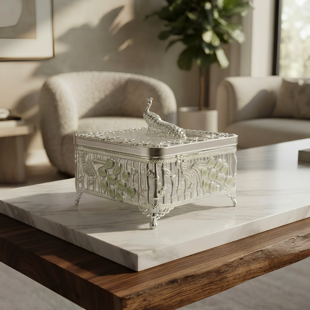 Decorative Silver Peacock Design Square Storage Box with Lid
