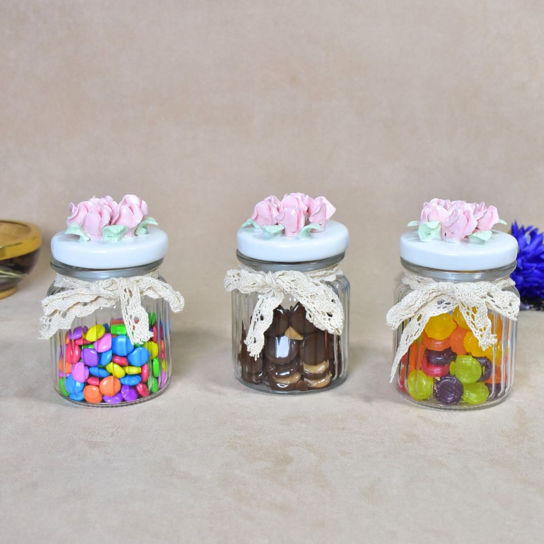 Ceramic Jar With Flower Lid Set Of 3