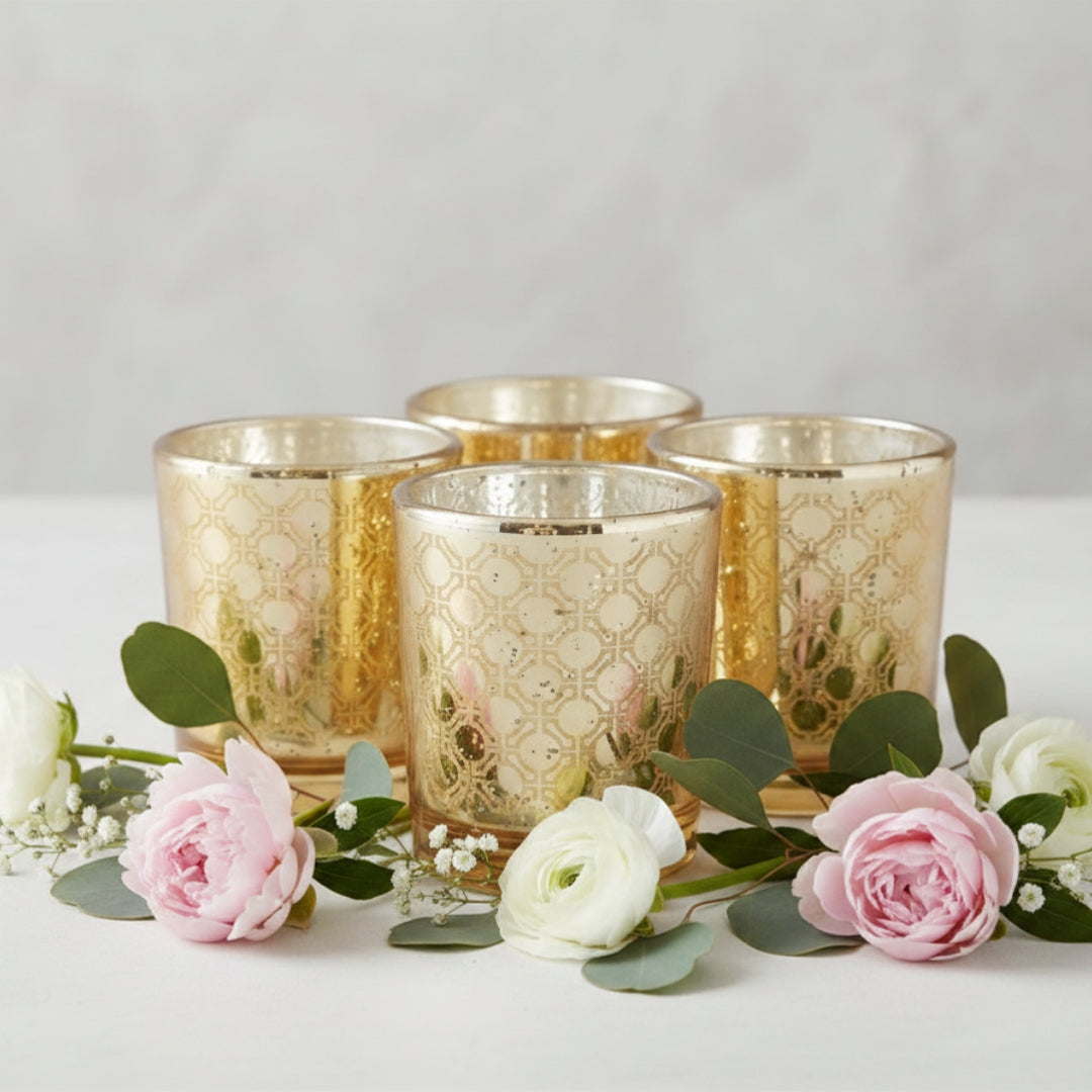 Etched Mosiac design Gold Glass Votive Candle Holders - Elegant Small Set of 4