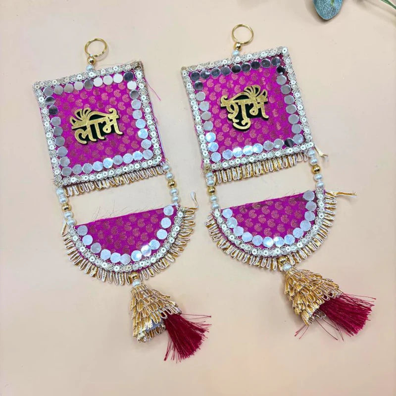 Side Hanging Set Of 2 - Brocade Shubh Labh Pink Large