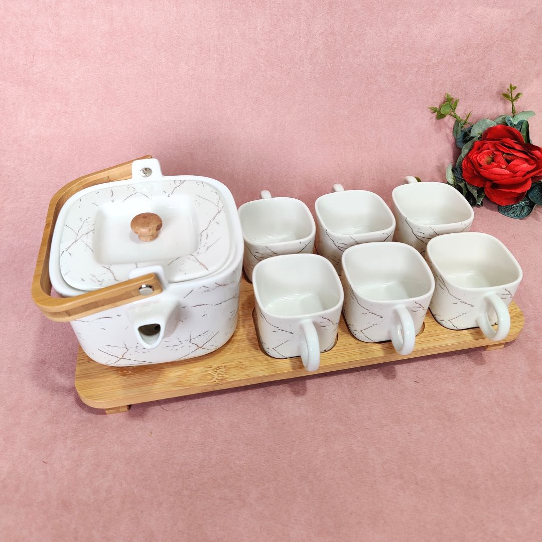 Ceramic Cup & Teapot With Tray Set Of 6 - White