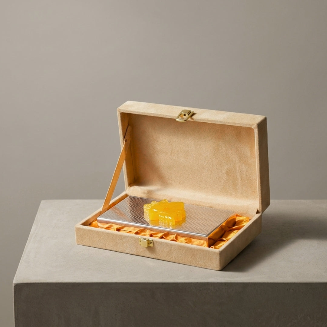 Luxury Silver Plated Cash Box with Yellow Resin Motif & Premium Velvet Case