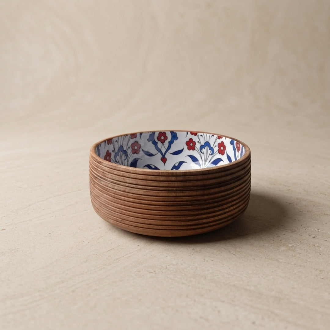 Turkish Print Enamel & Ribbed Wooden Salad Bowl Set