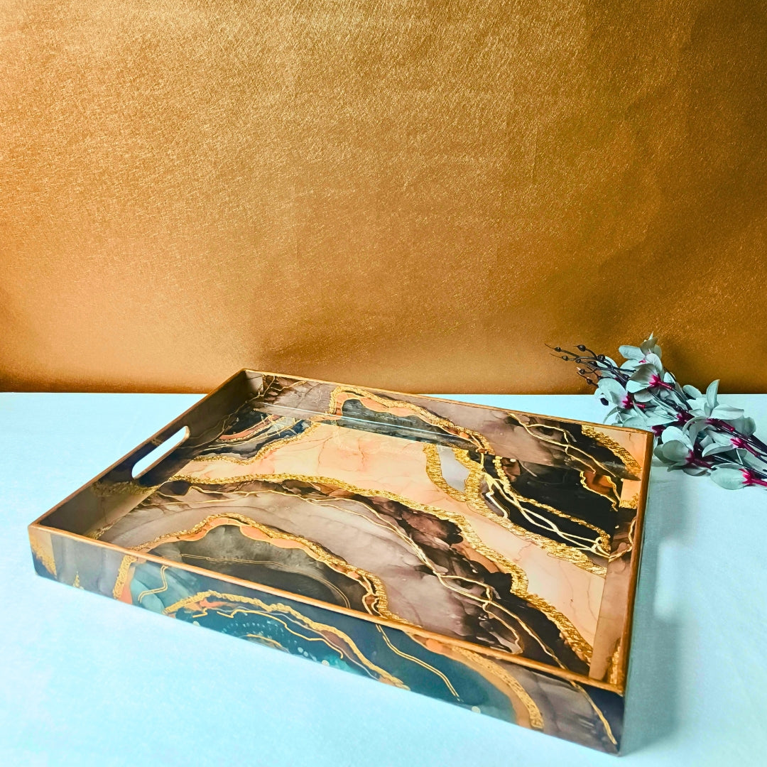 Wooden Brown Marble Print Design Enamel Tray