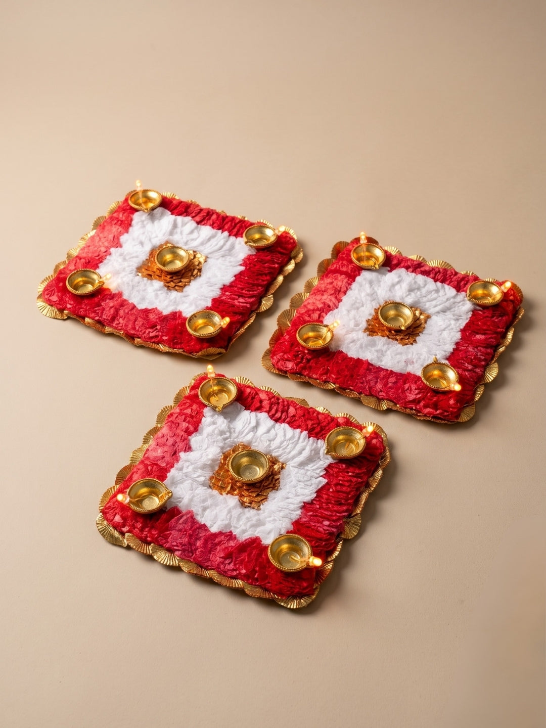 Handmade Red & White Floral Puja Mat / rangoli Set of 3 with Diyas