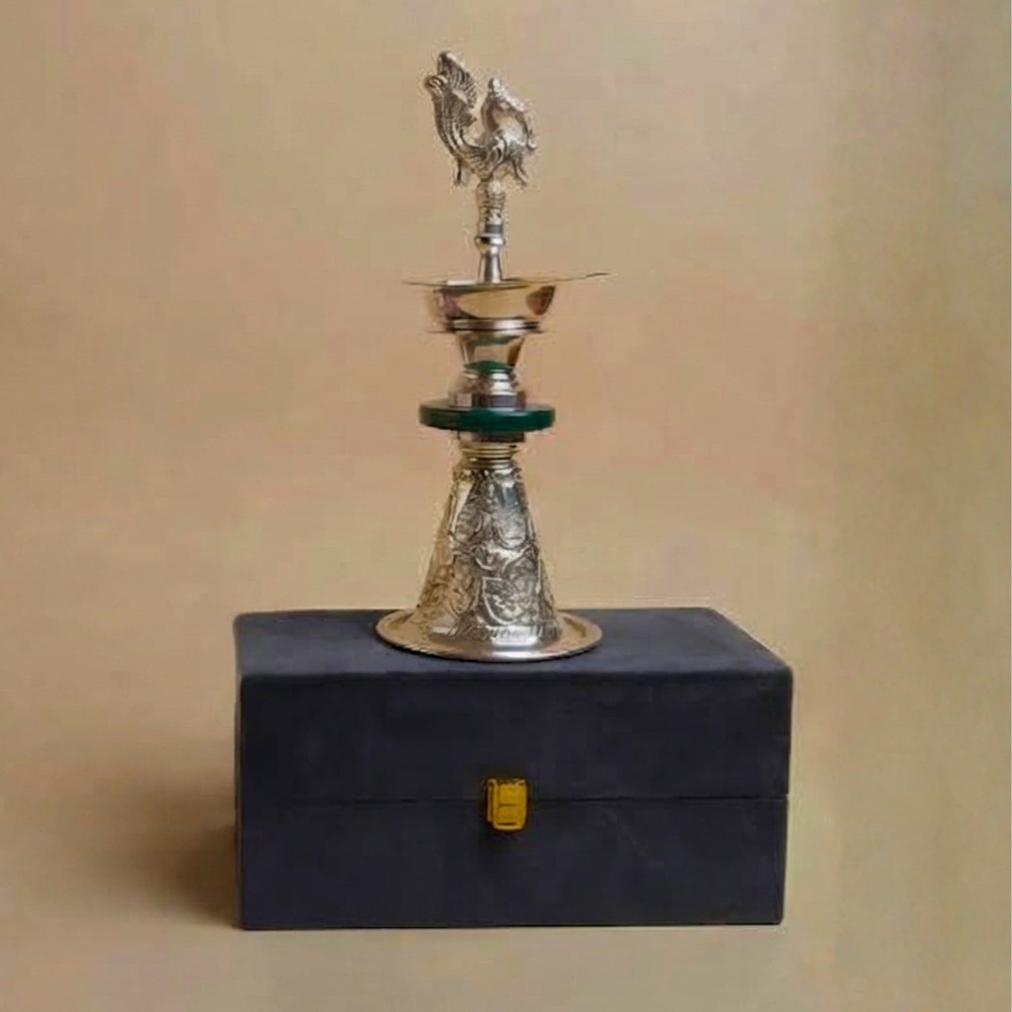 Silver-Plated Peacock Diya  with Velvet Gift Boxe- Green SINGLE PC