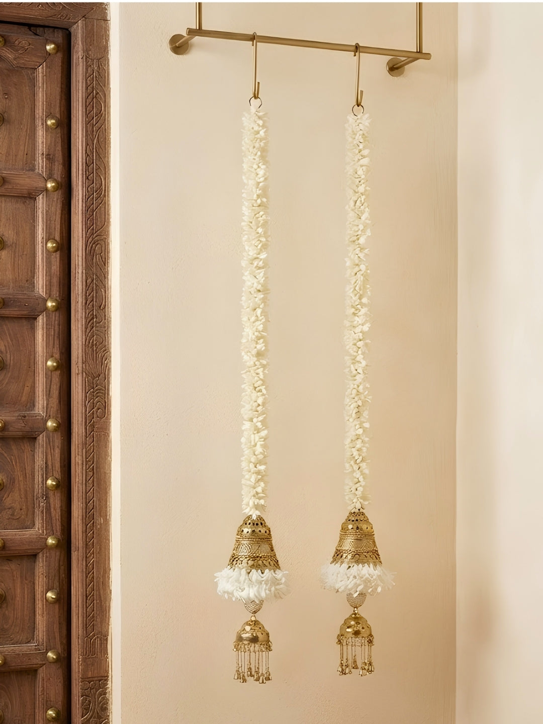 Artificial White gajra with metal cone sidehanging set of 2 - Small