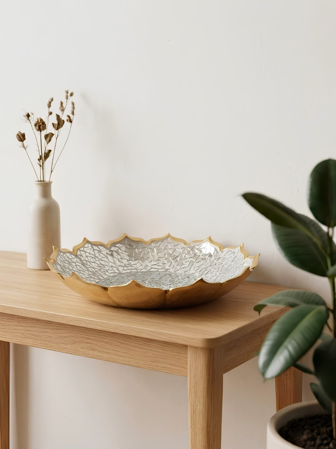 Metal lotus shape mosaic urli platter - silver large 12"