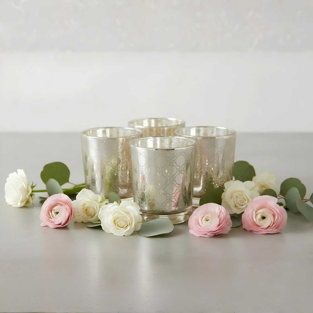 Etched MOsiac Silver Glass Votive Candle Holders - Elegant Small Set of 4