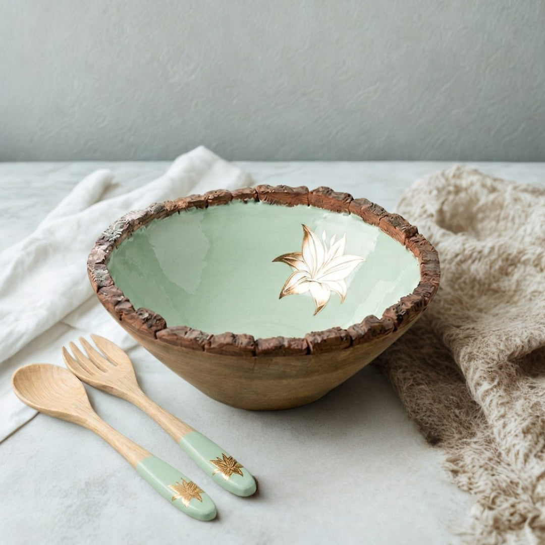Green Enamel Wooden Salad Bowl with Tulip Foil Print