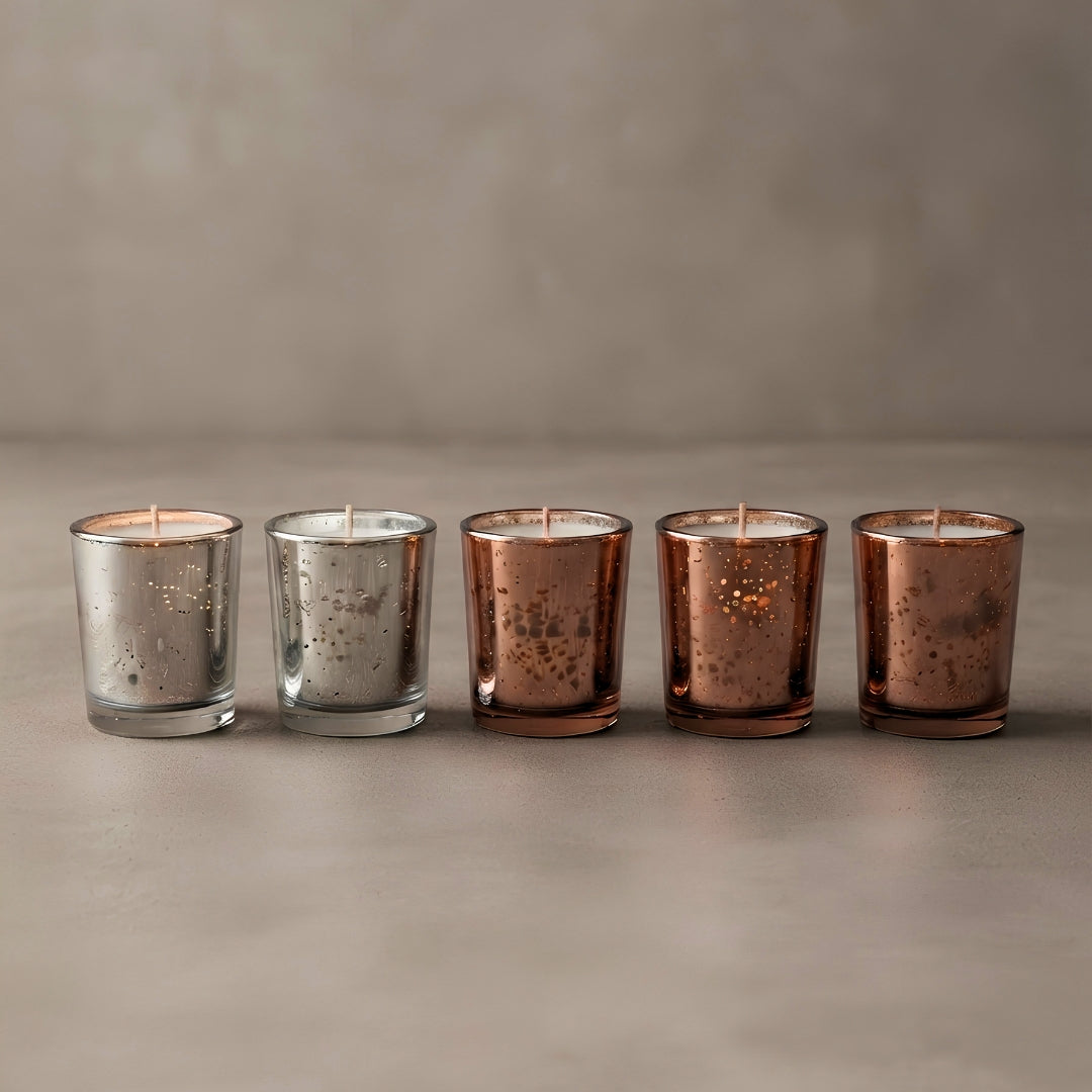 Set of 5 Metallic Luster Glass Votive Scented Candles ( 2 pc Silver, 3 pc Copper)