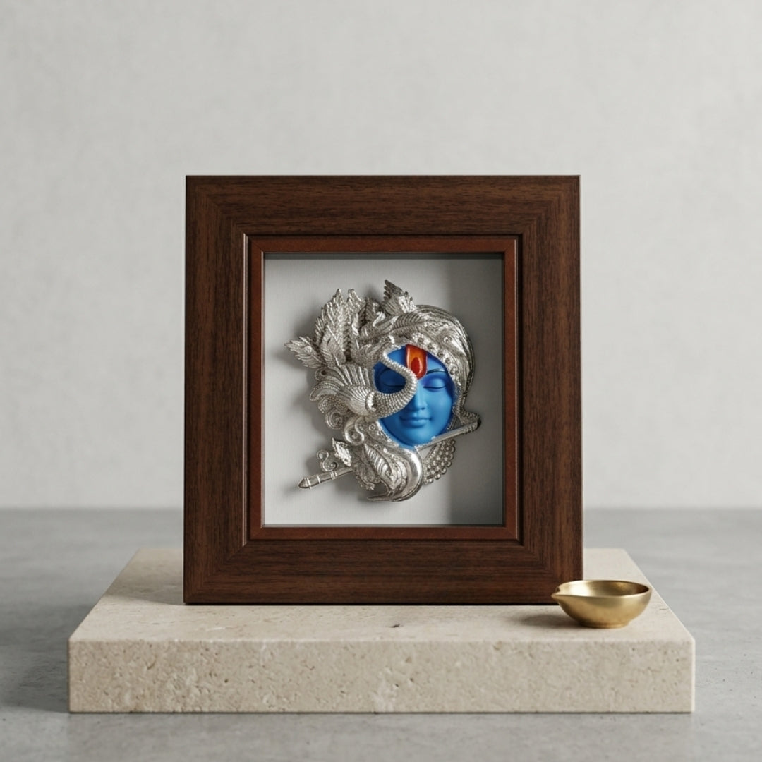 999 Pure Silver Plated Krishnaji Frame |  Lord Krishna Idol Black Face wall/Table Decor