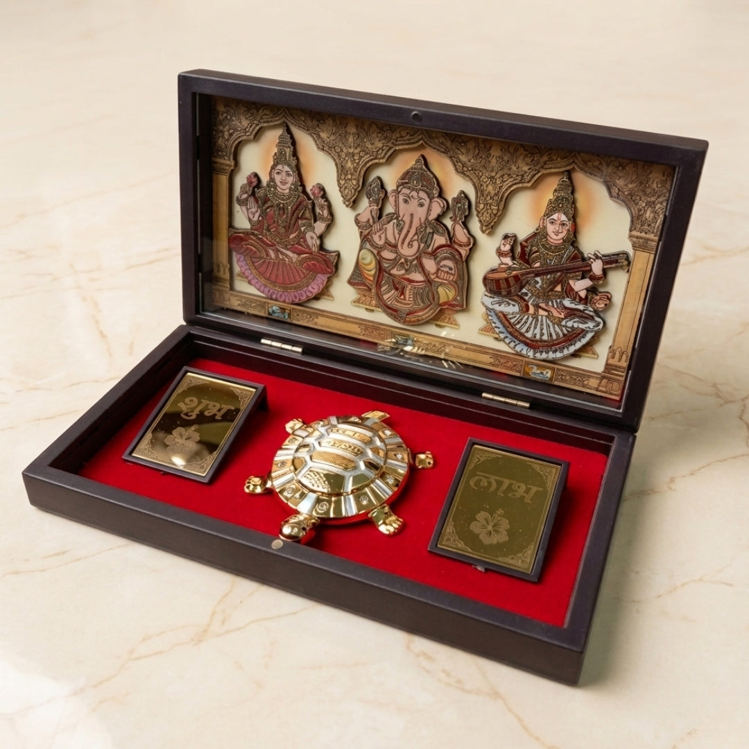 24K Gold Plated Laxmi Ganesh Saraswati idol with Shubh Labh Kachua pooja Box