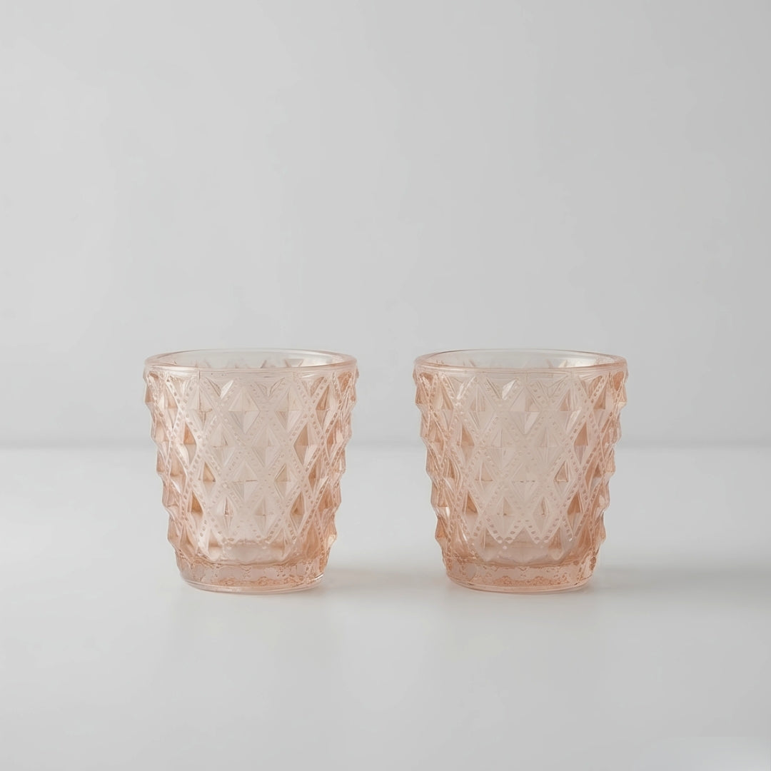 Set of 2 Peach Diamond-Cut Glass Tea Light Votive Holders
