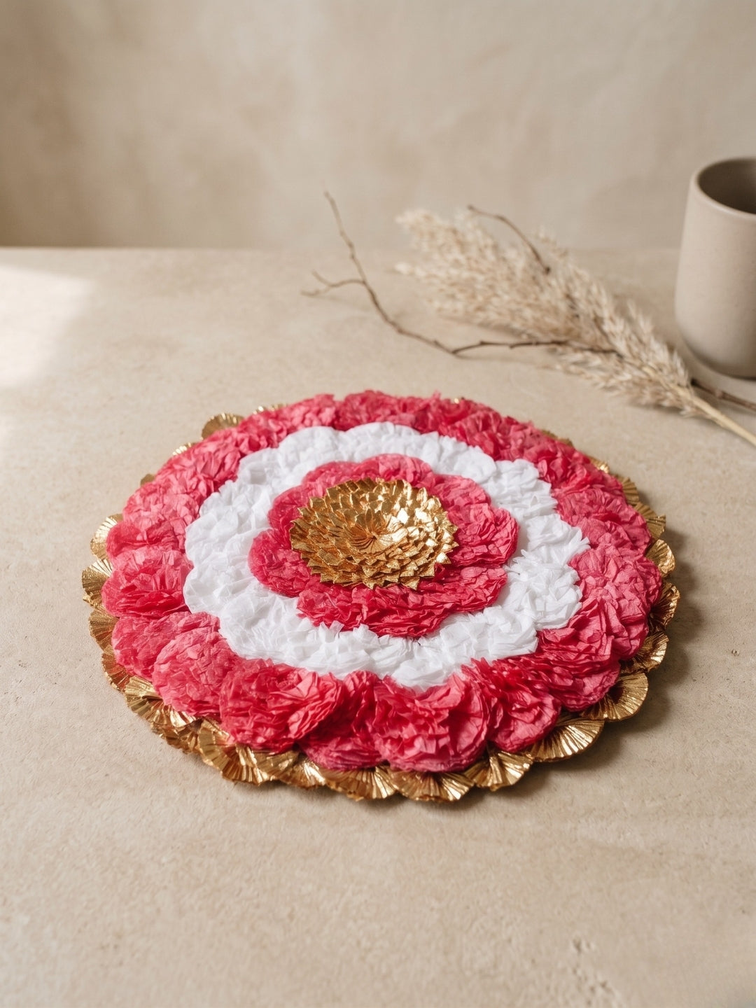 Handmade Red & White Floral Puja Asan Mat / rangoli with Gold Center Single