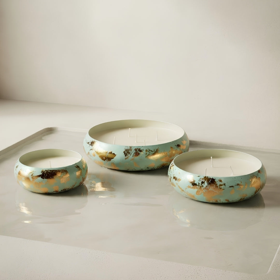 Mint & Gold Leaf Decorative URLI WITH WAX  Candle Set of 3