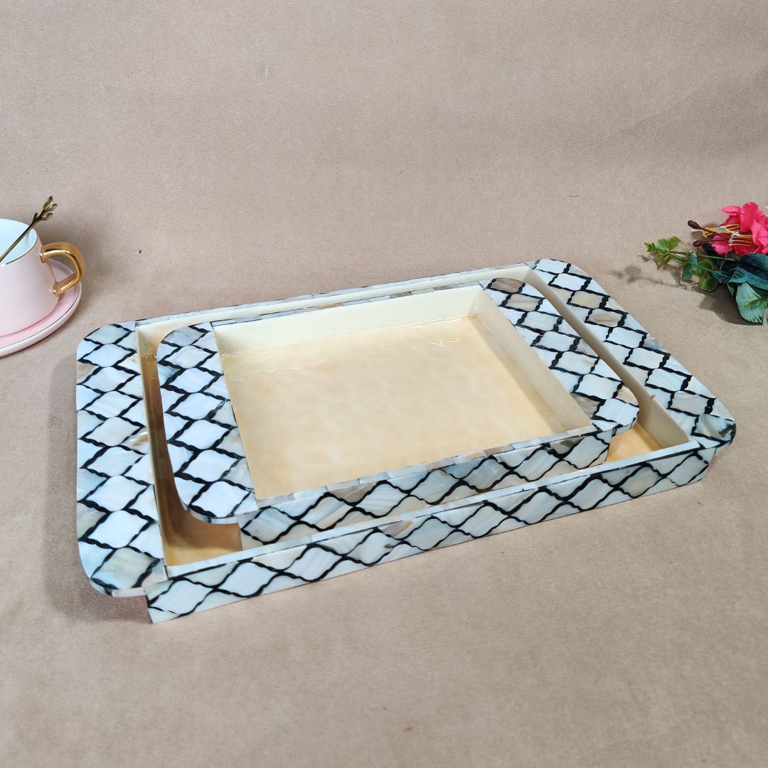 Rectangle Tray Set Of 2 - Black & White Mother Of Pearl