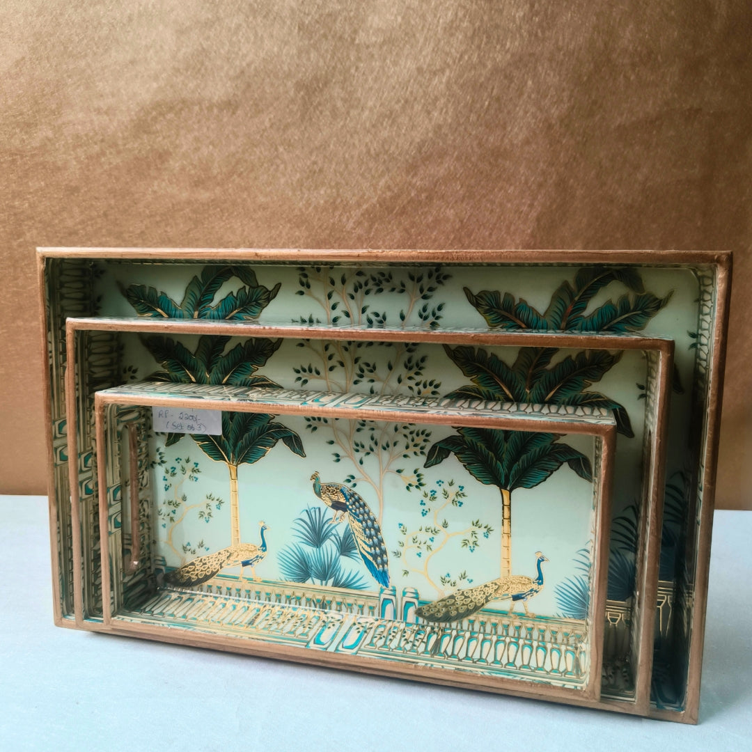 Peacock Design Enamel Tray(Tray Set of 3)