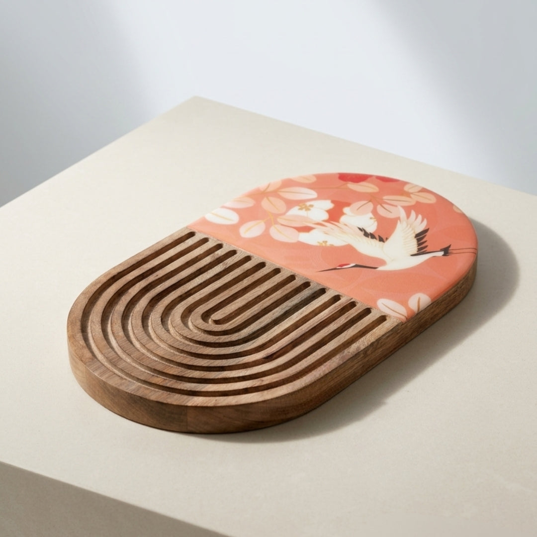 Flamingo Print Enamel & Ribbed Wooden Oval Platter