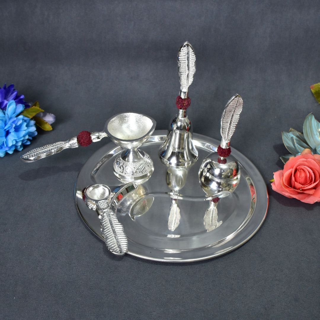 Brass Silver Plated Rudraksha Ganesh Puja Thali Set