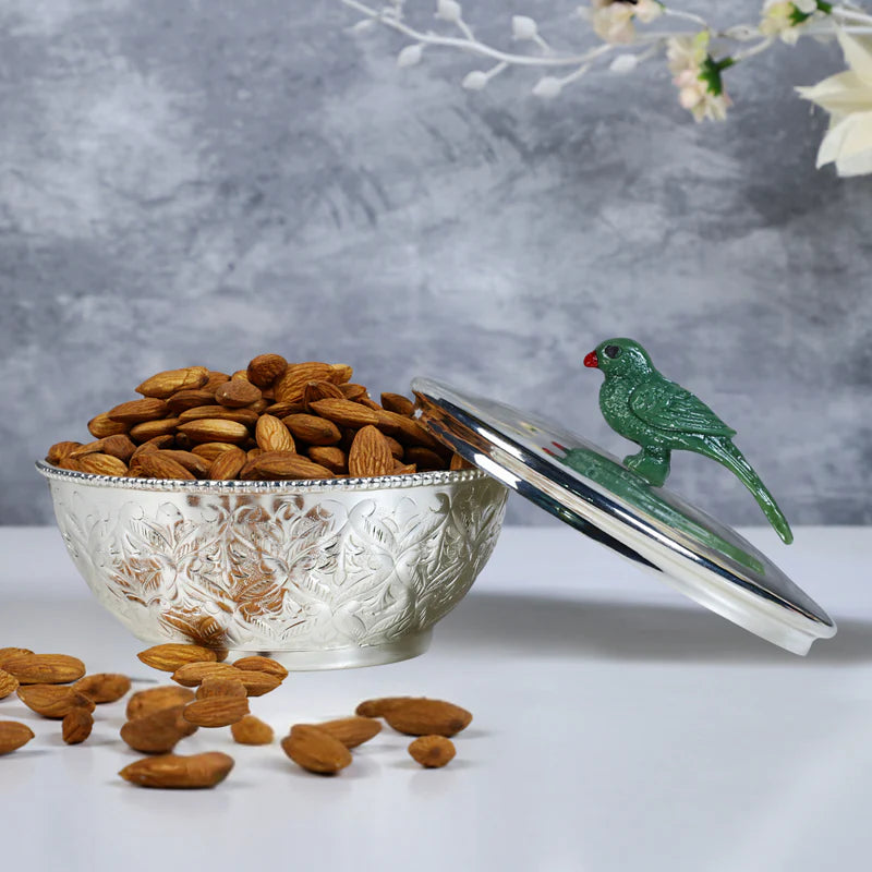 Brass Silver Plated Bowl With Parrot Lid large 6"