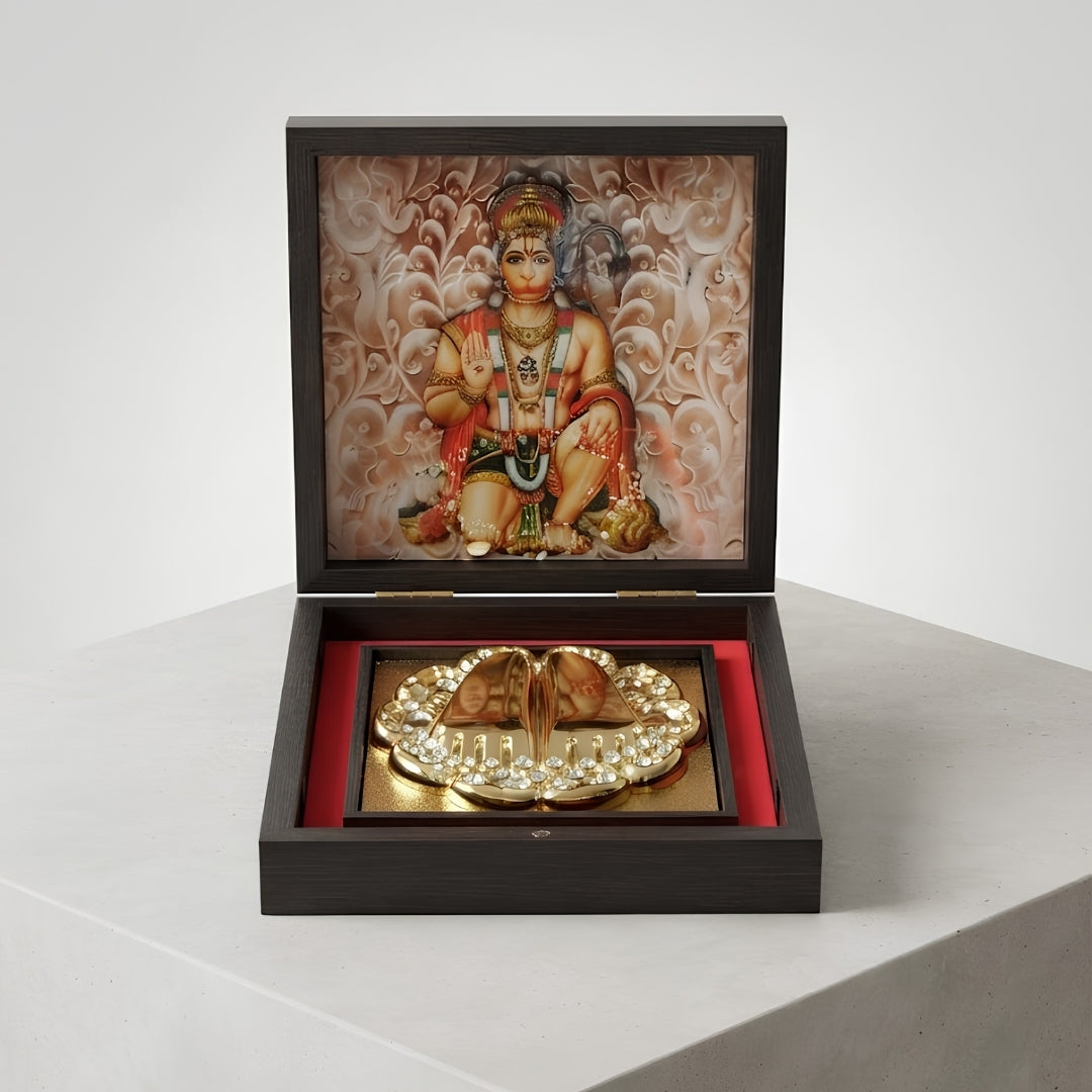 Lord Hanuman Golden Charan Paduka in Wooden Box
