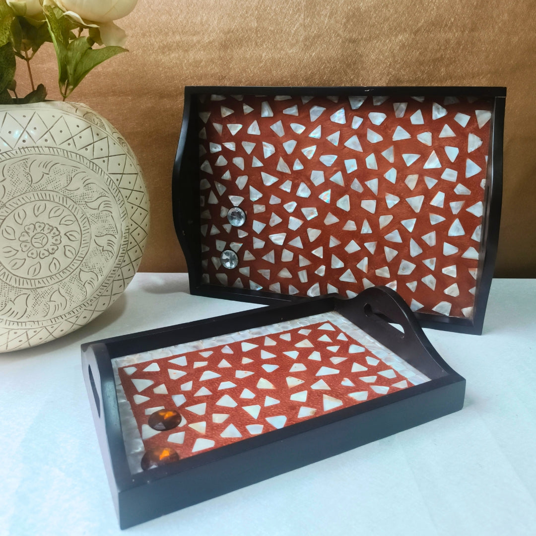 Set of 2 - wooden mother of pearl & chemical trays