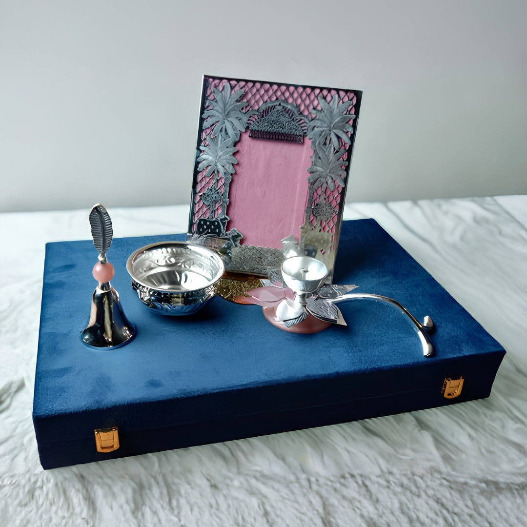 Silver Plated Lacquered Gift Set | Photo Frame, Diya, Ghanti & 4" Urli | Premium Puja Combo