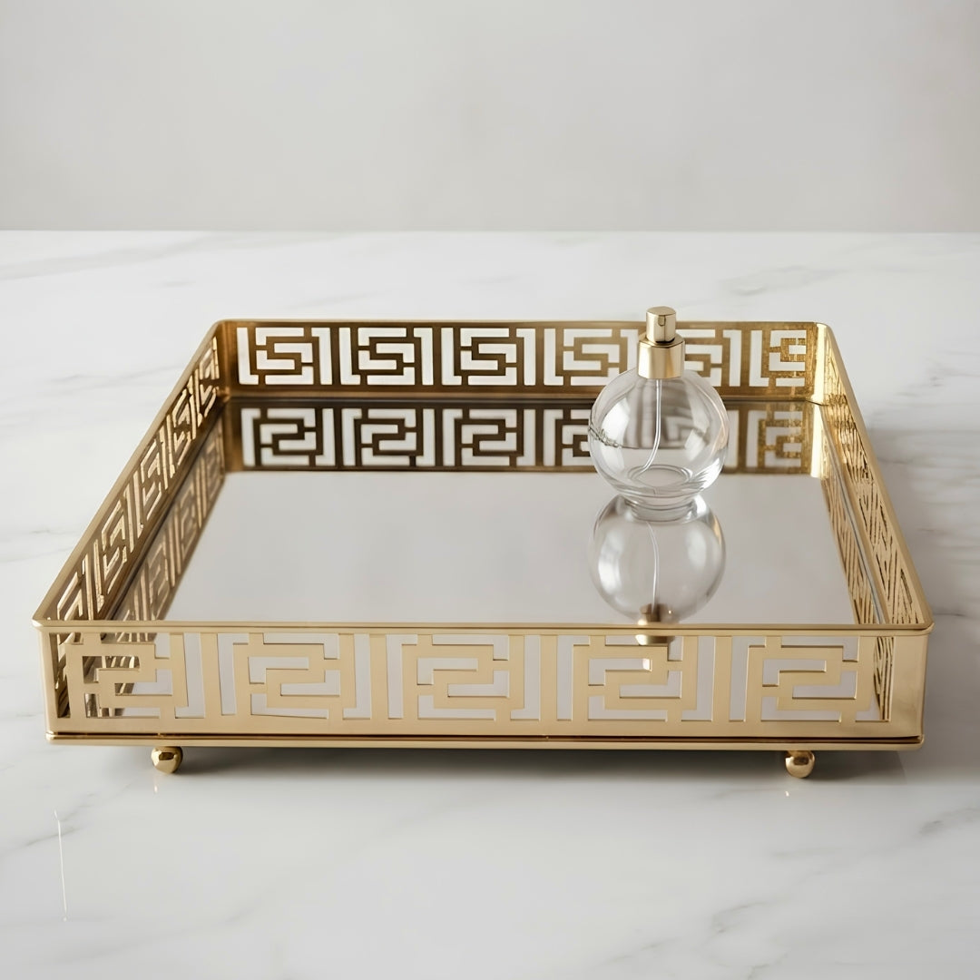 Gold Mirrored Square Tray with Greek Key Pattern