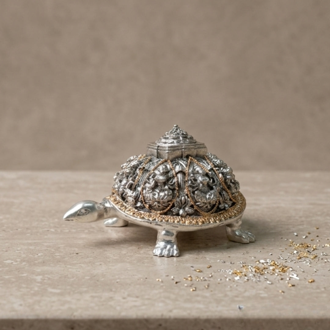 The Divine Kurma Meru Yantra – 999 Pure Silver & 24K Gold Plated Laxmi Shree yantra Good Fortune Tortoise