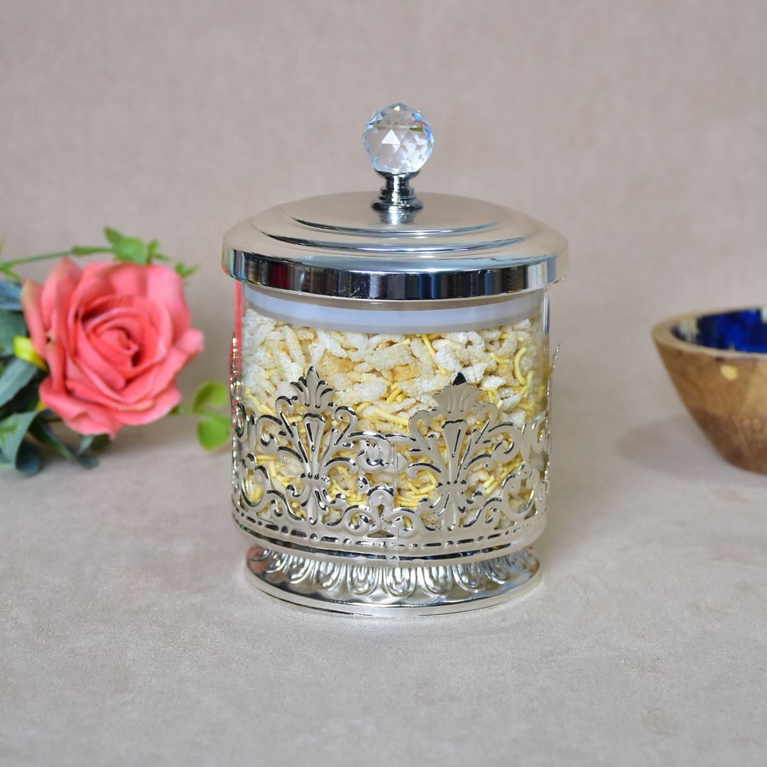 White Metal Glass Jar Small