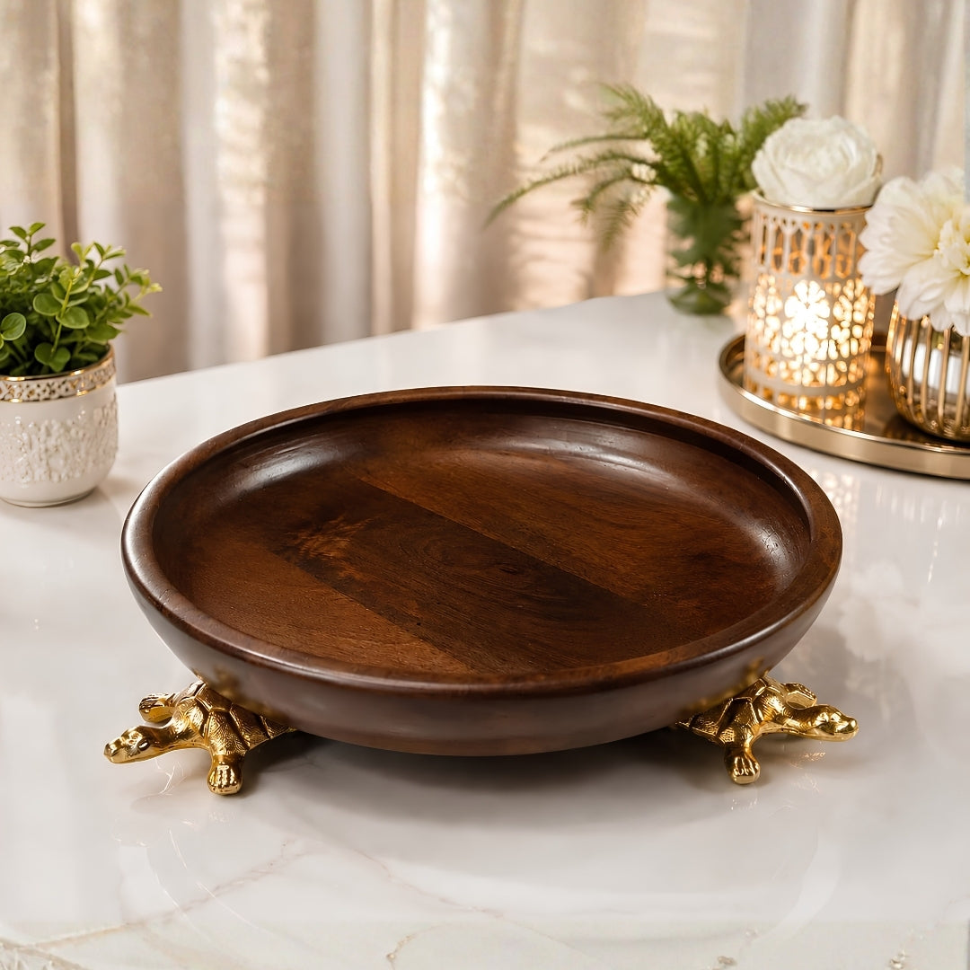 Dark Wood Round Serving Bowl with Gold Turtle Feet Stand