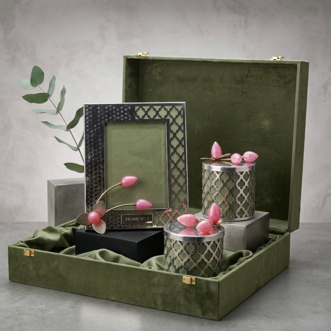 Silver-Plated Photo Frame & Jar Set with Pink Lotus Buds (3-Piece)