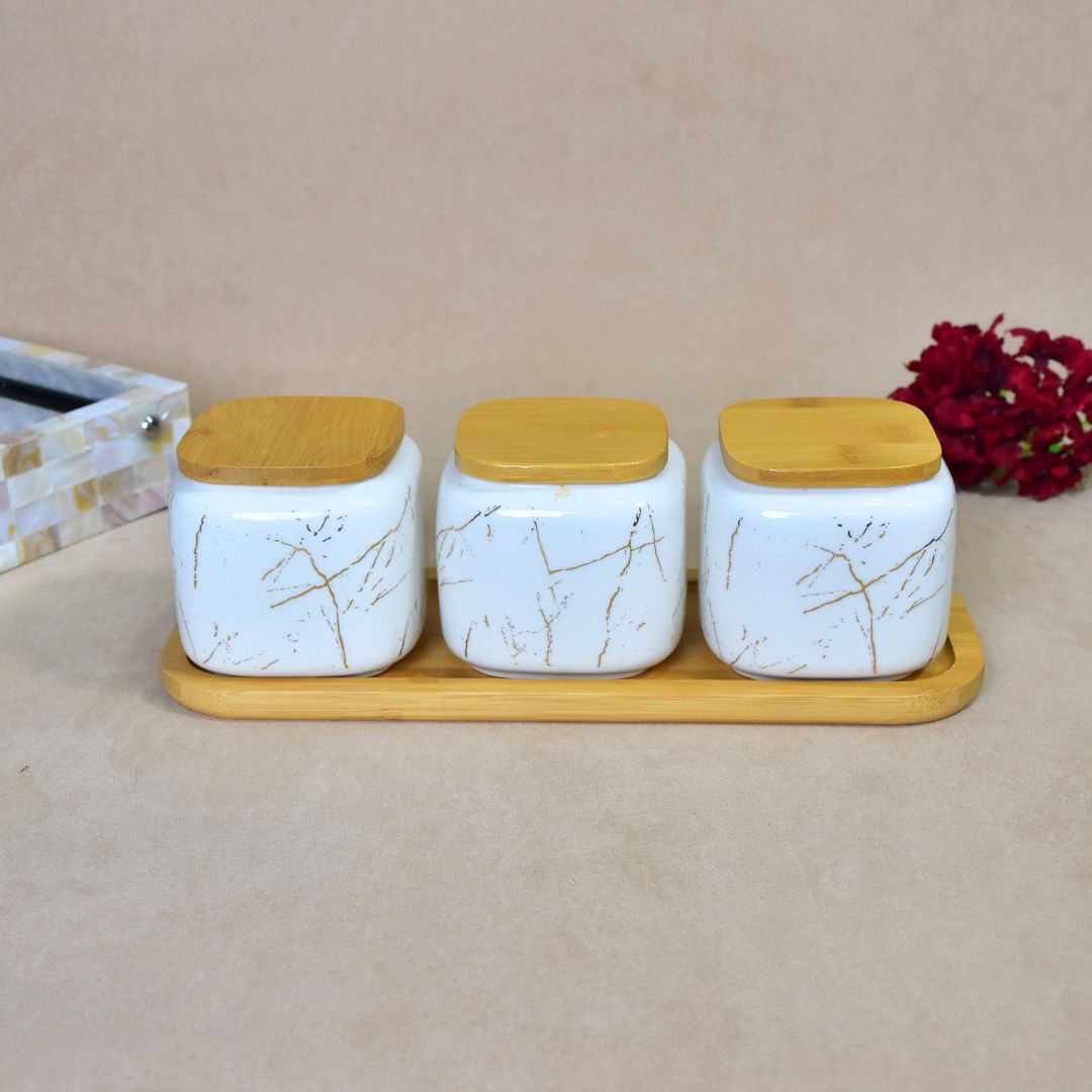 Ceramic Jar With Bamboo Tray Set Of 3 - White