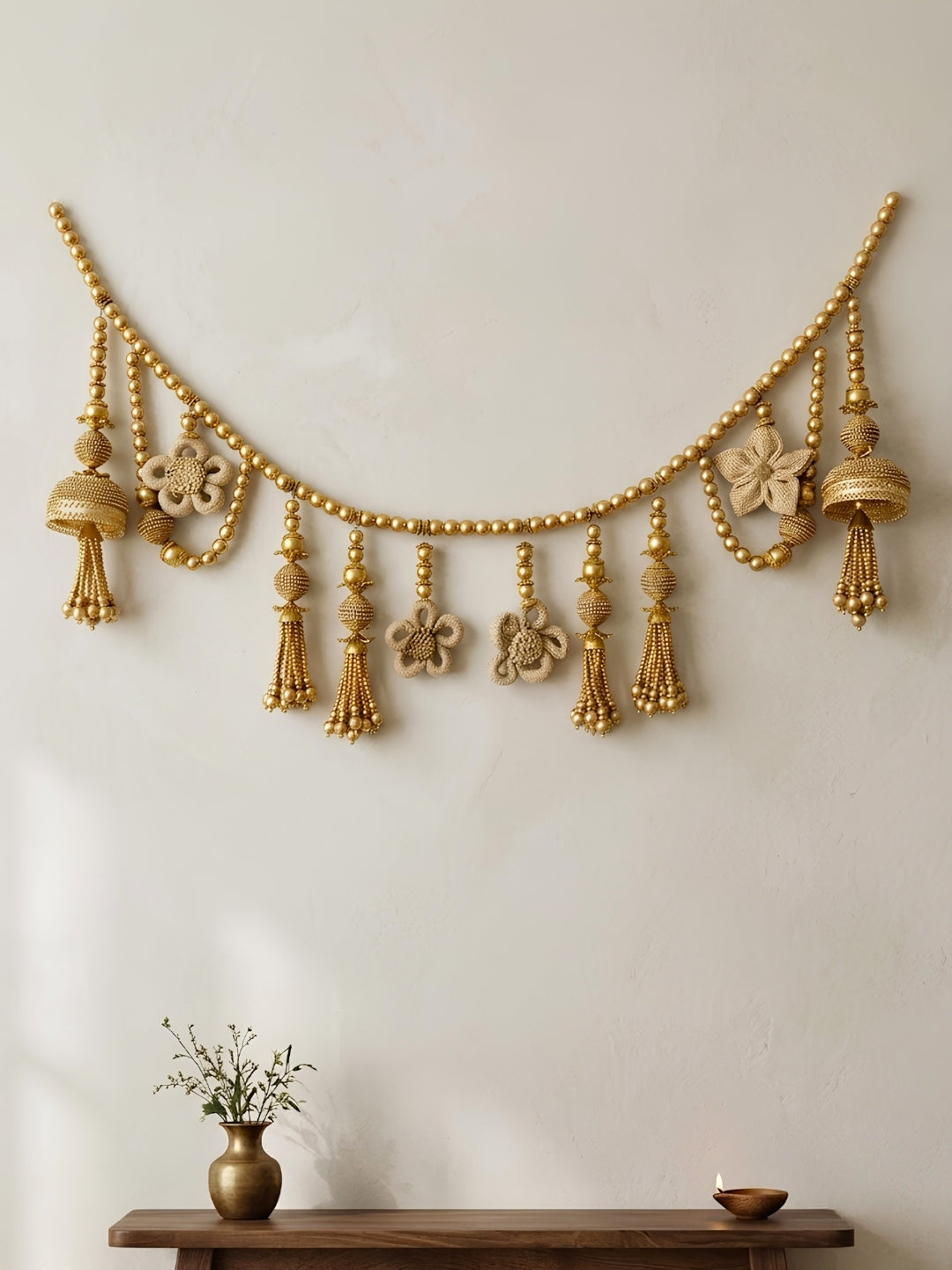 Gold moti with diamonte jhoomar & crochet flowers toran